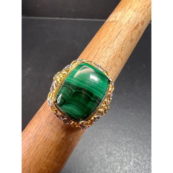 Karis Platinum & 18K Gold Plated Malachite Statement Ring Size 7 - Picture 10 of 16